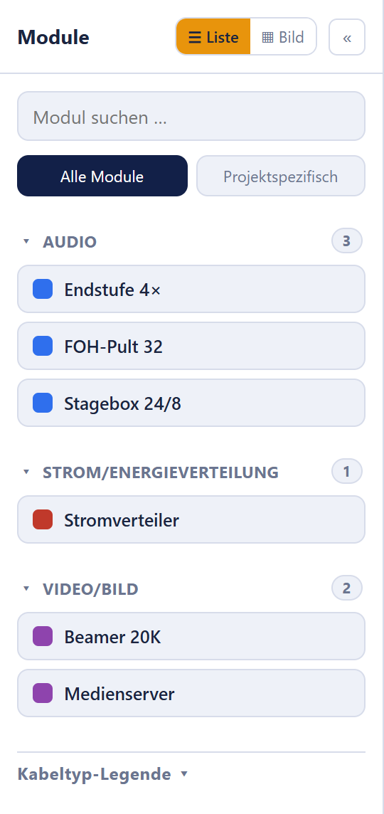 Modul-Panel mit Suche, Bereichsumschalter und nach Kategorien gruppierten Modulen