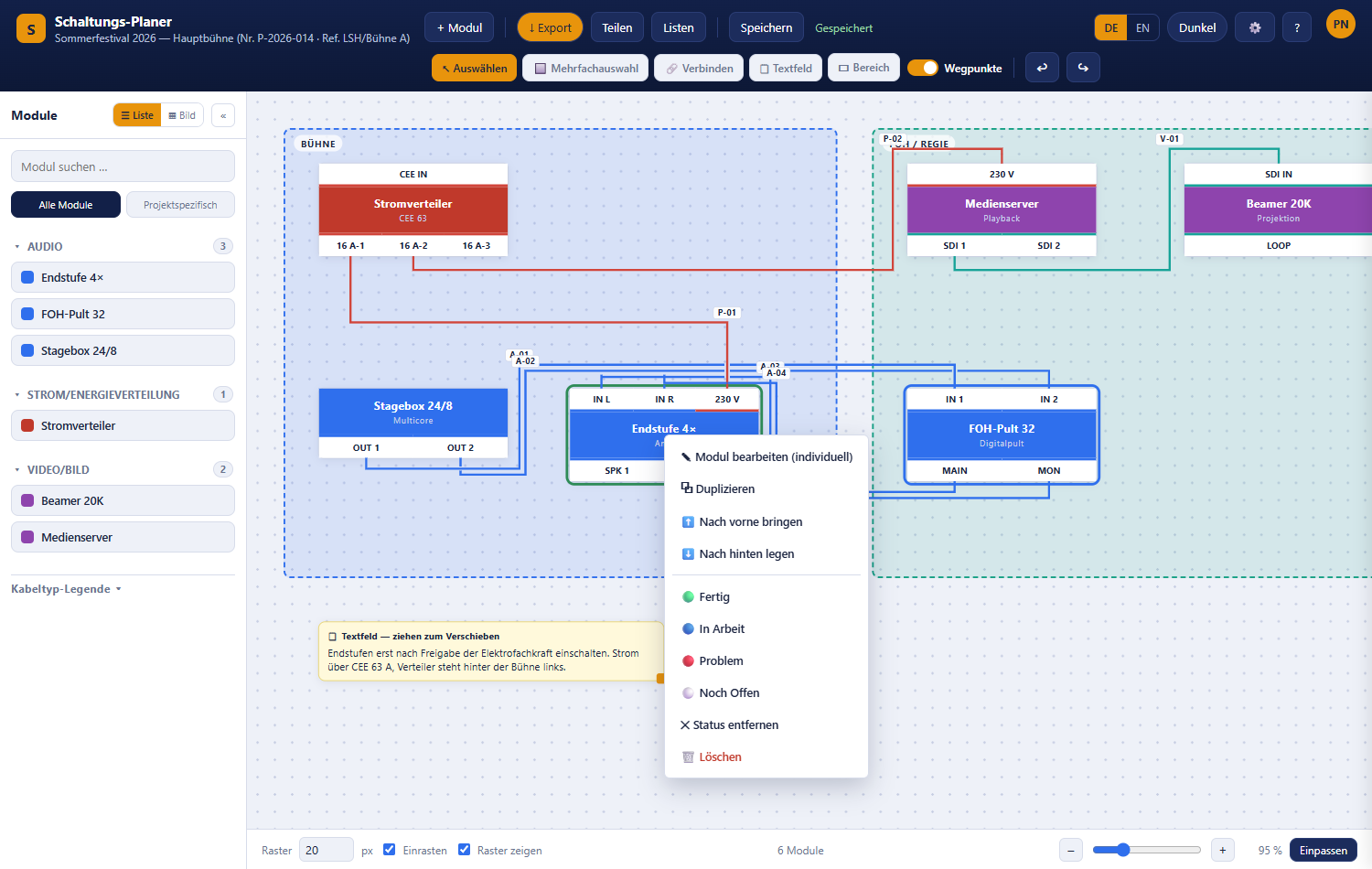 Kontextmenü eines Moduls mit Bearbeiten, Duplizieren, Ebenen und Statuseinträgen