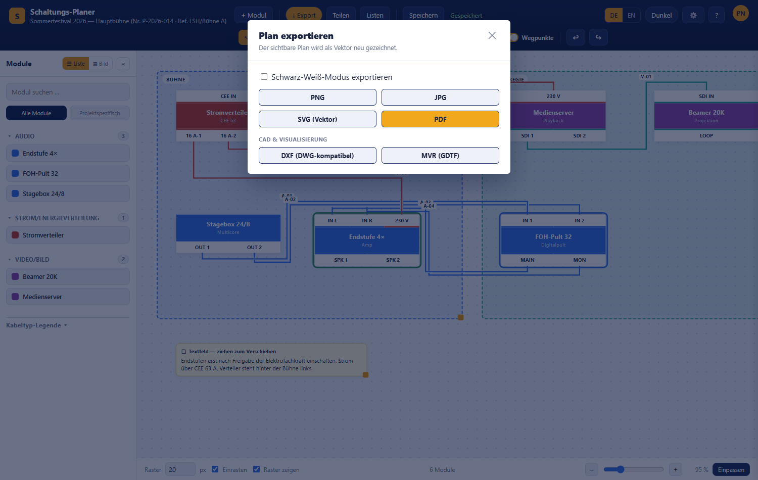 Export-Dialog mit Schwarz-Weiß-Schalter, Bildformaten und CAD-Formaten